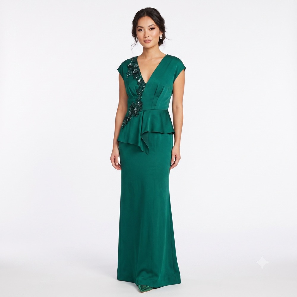 Aidan Mattox‎ Gown 8 Emerald Green Beaded Peplum V-Neck Maxi Slit Dress NWT